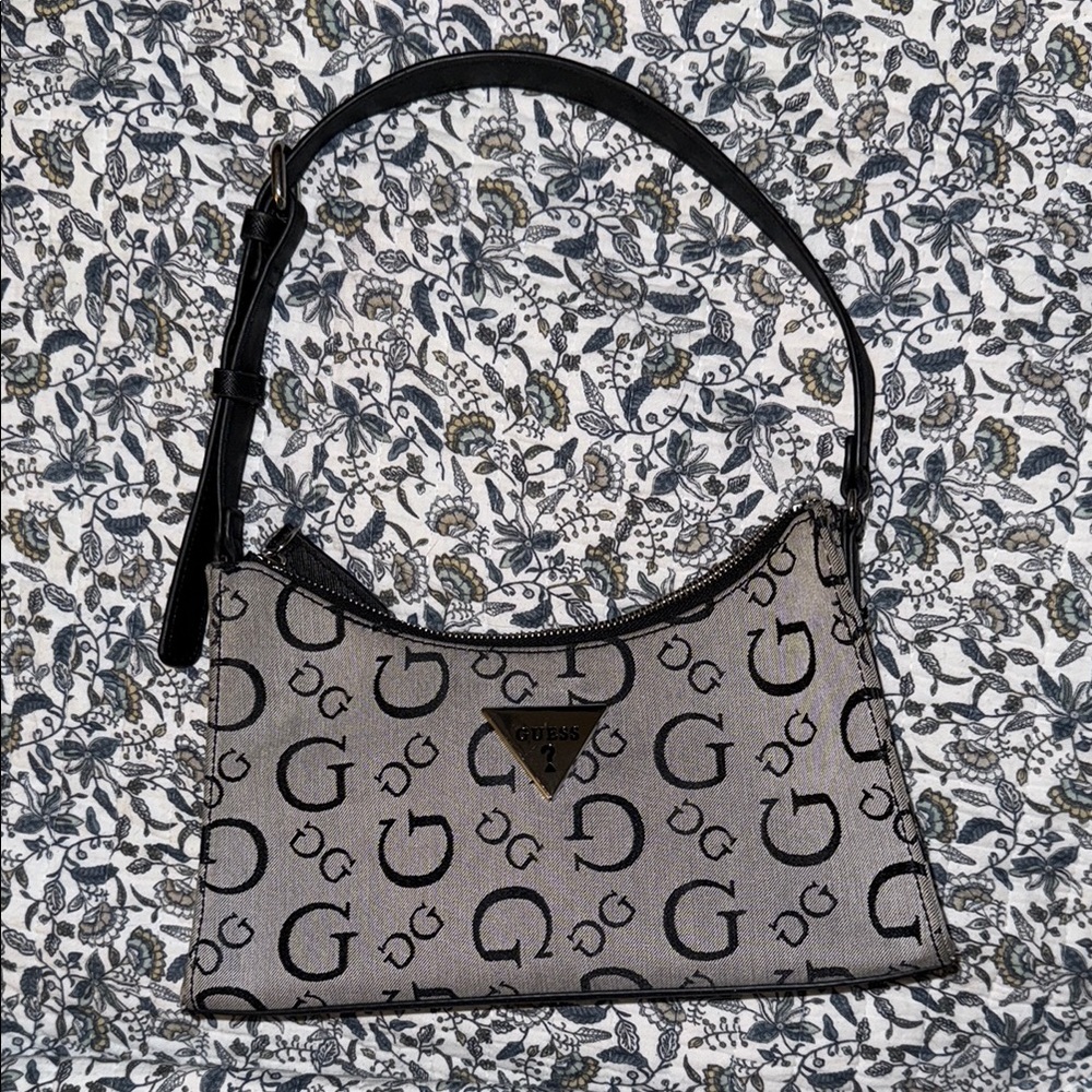 Guess Gray and Black Monogram Shoulder Bag